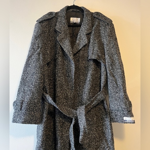 Vintage Wool Herringbone Donegal Tweed Belted Men's  Top Coat 44 Dark Academia - Picture 4 of 14